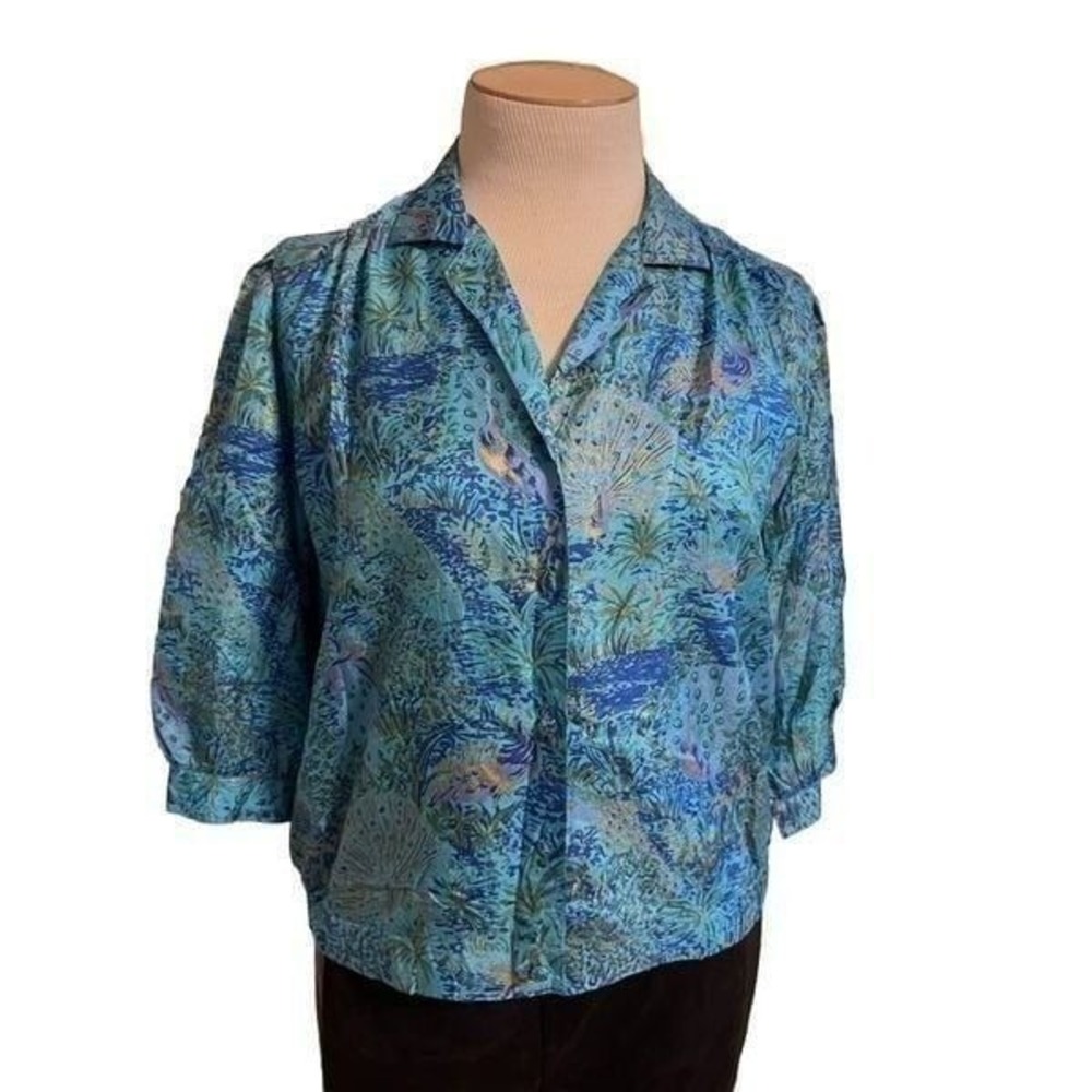 Vintage 80's Womens Medium Thai Silk Peacock Palm Tree Blouse Blues Gold
